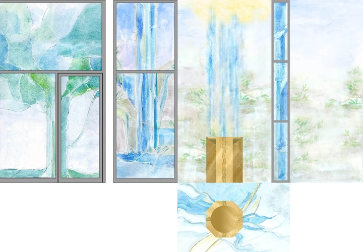 progetto di un fonte battesimale con affresco e vetrate